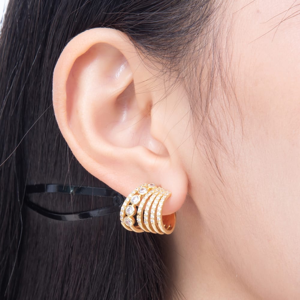 16K Gold Filled 25mm Micro Paved CZ Multi-Row Bezel C Hoops Earrings | Earrings-00949