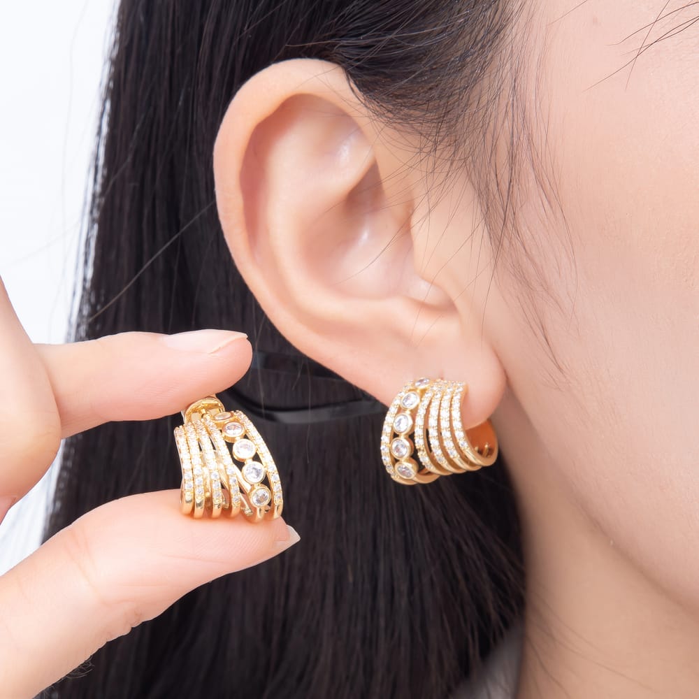 16K Gold Filled 25mm Micro Paved CZ Multi-Row Bezel C Hoops Earrings | Earrings-00949