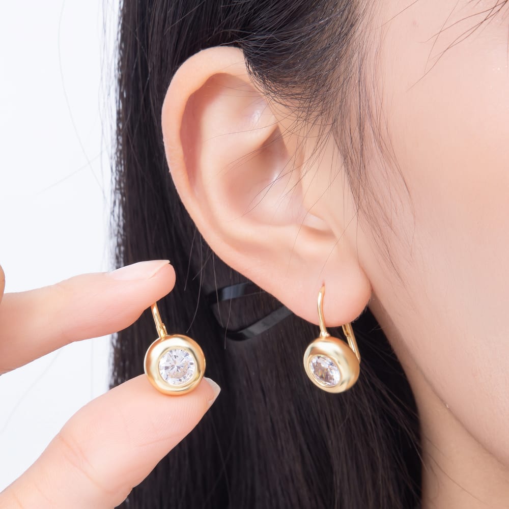 16K Gold Filled 21mm Round Solitaire Clear CZ Chunky Dome Leverback Earrings| Earrings-00913