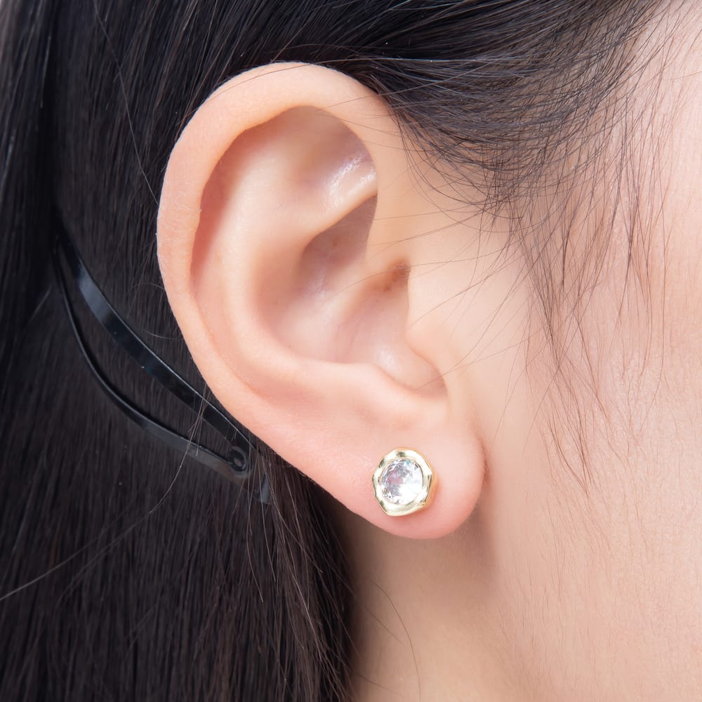 16K Gold Filled 9mm Clear CZ Molten Round Bezel Stud Earrings in Gold & Silver | Earrings-01066 Earrings-01067