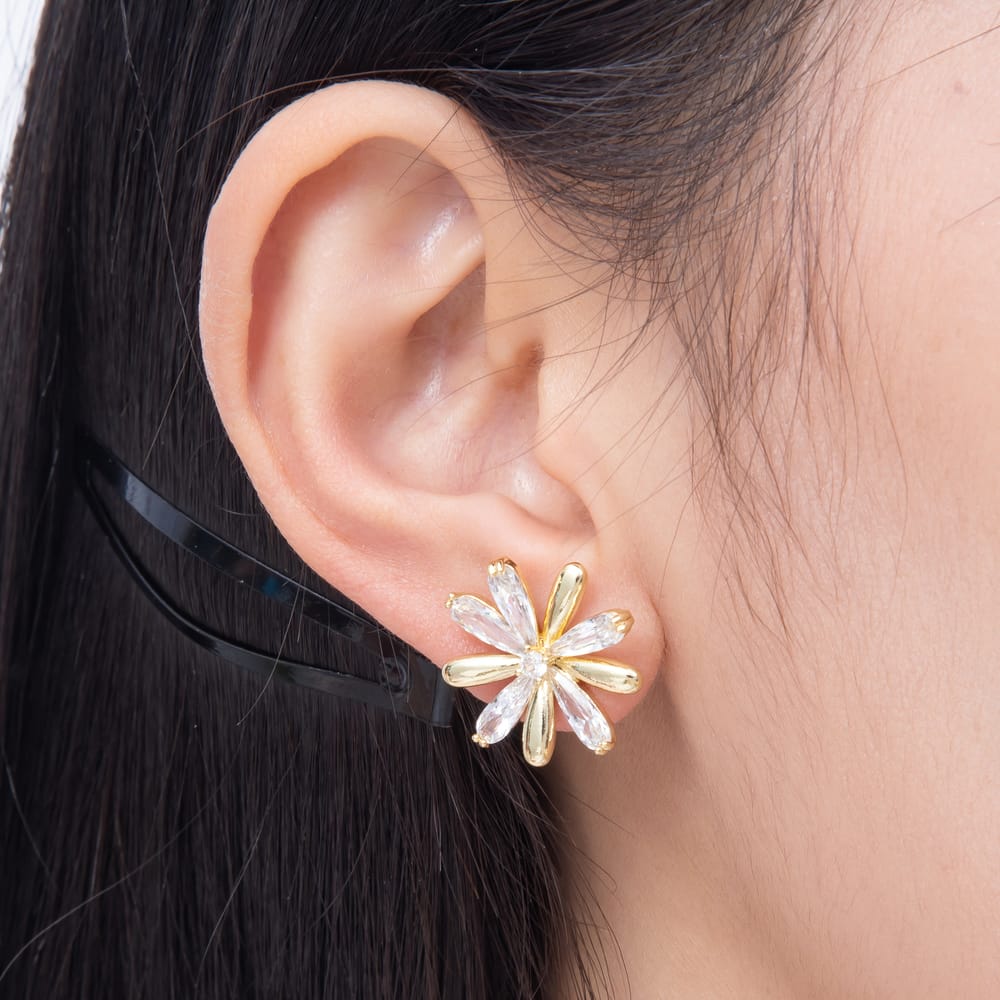 16K Gold Filled 19mm Marquise CZ & Smooth Petal Flower Stud Earrings in Gold & Silver | Earrings-00890 - Earrings-00891