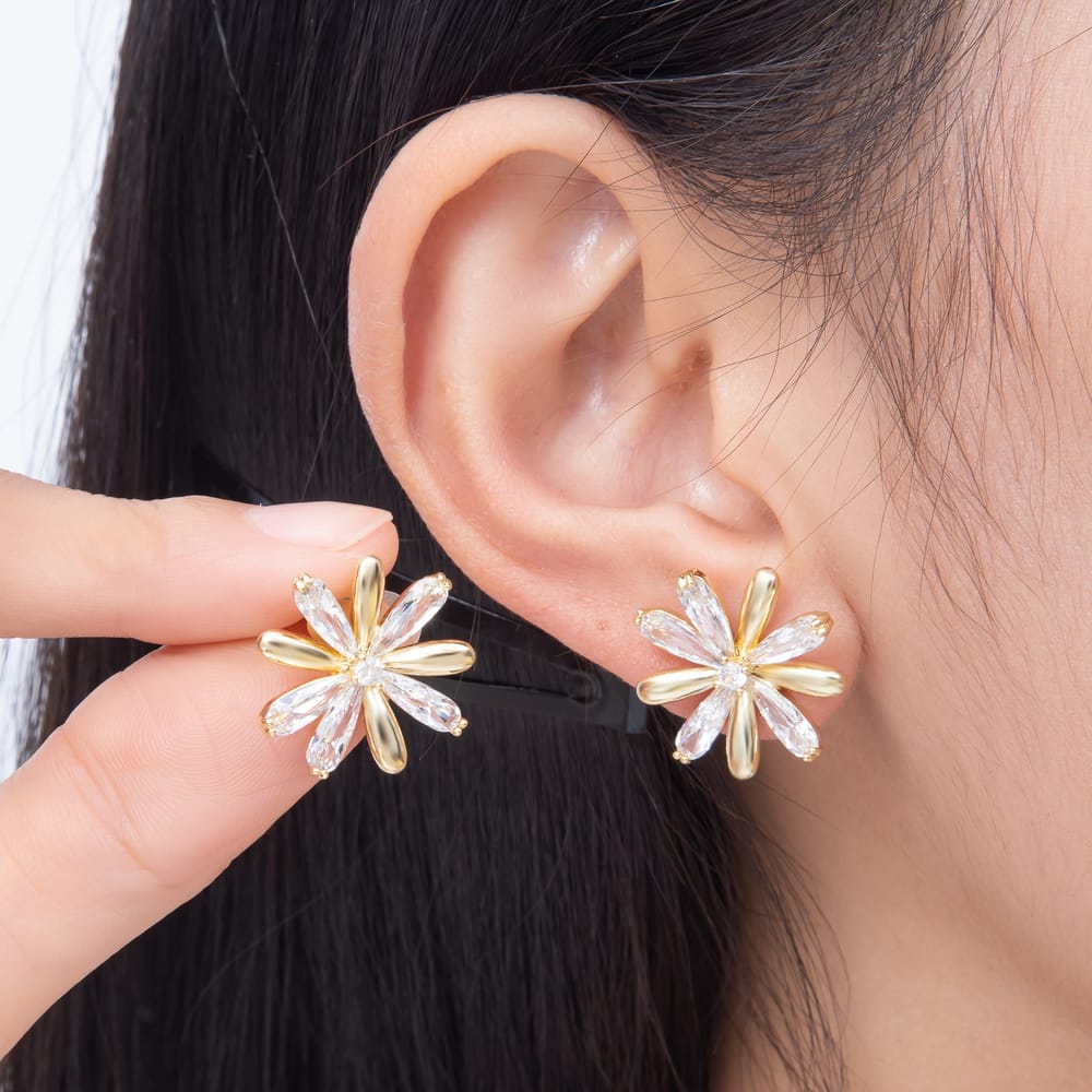 16K Gold Filled 19mm Marquise CZ & Smooth Petal Flower Stud Earrings in Gold & Silver | Earrings-00890 - Earrings-00891