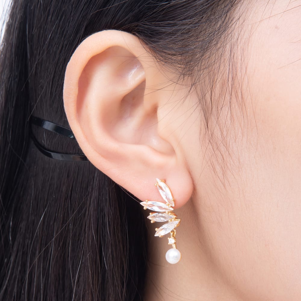 16K Gold Filled 28mm Shell Pearl Marquise Clear CZ Half Floral Cluster Stud Earrings | Earrings-01027