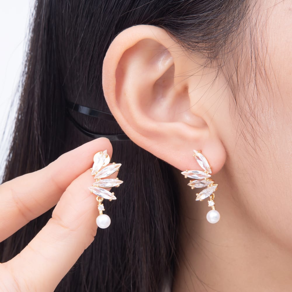 16K Gold Filled 28mm Shell Pearl Marquise Clear CZ Half Floral Cluster Stud Earrings | Earrings-01027