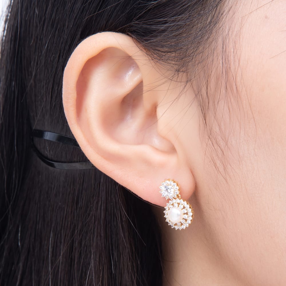 16K Gold Filled 18mm Clear CZ Shell Pearl Round Drop Stud Earrings in Gold & Silver | Earrings-01017 Earrings-01018