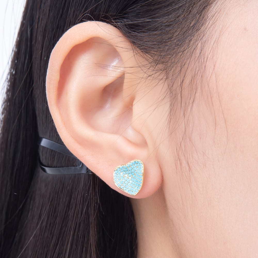 16K Gold Filled 16mm Turquoise Micro Paved CZ Love Heart Stud Earrings | Earrings-01046 - Earrings-01047