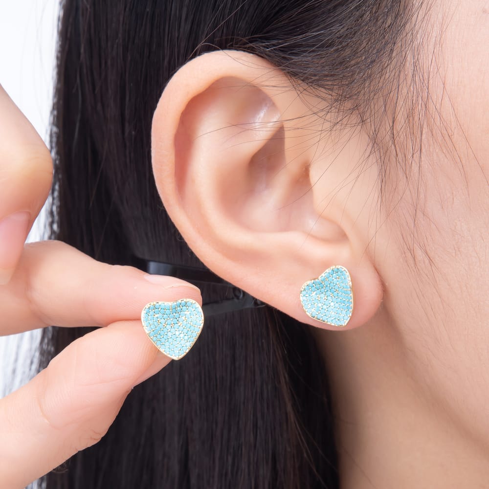 16K Gold Filled 16mm Turquoise Micro Paved CZ Love Heart Stud Earrings | Earrings-01046 - Earrings-01047