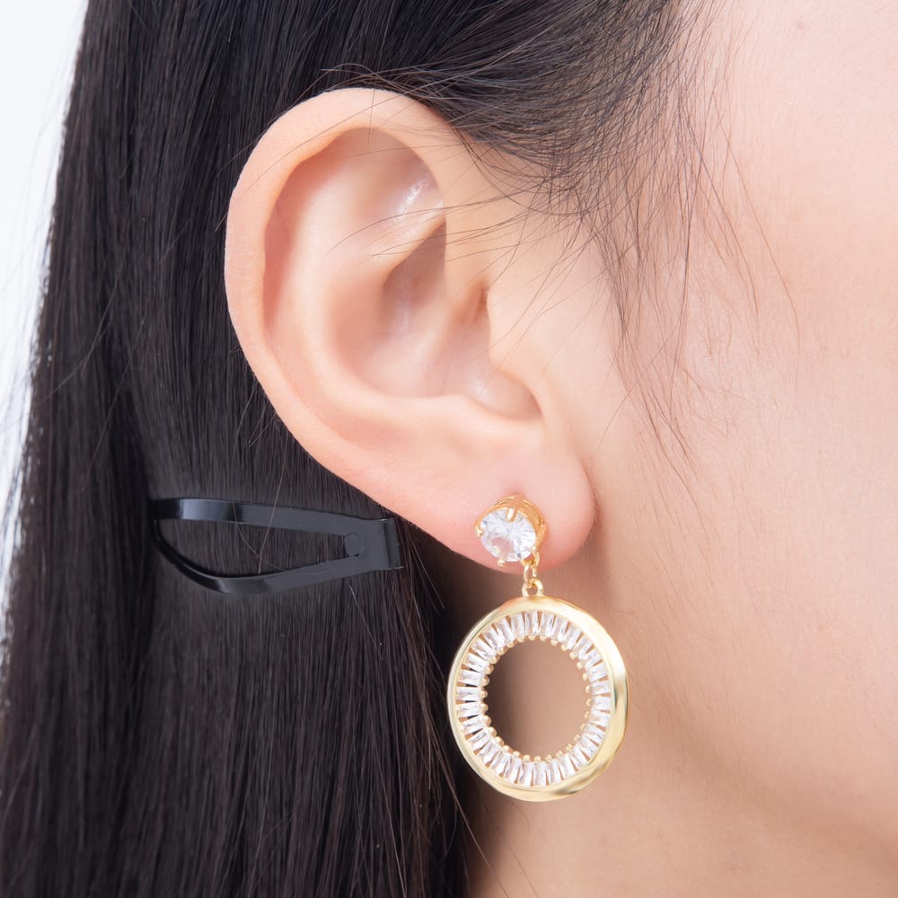 16K Gold Filled 35mm Round Solitaire & Baguette CZ Open Circle Drop Earrings| Earrings-00920 - Earrings-00921