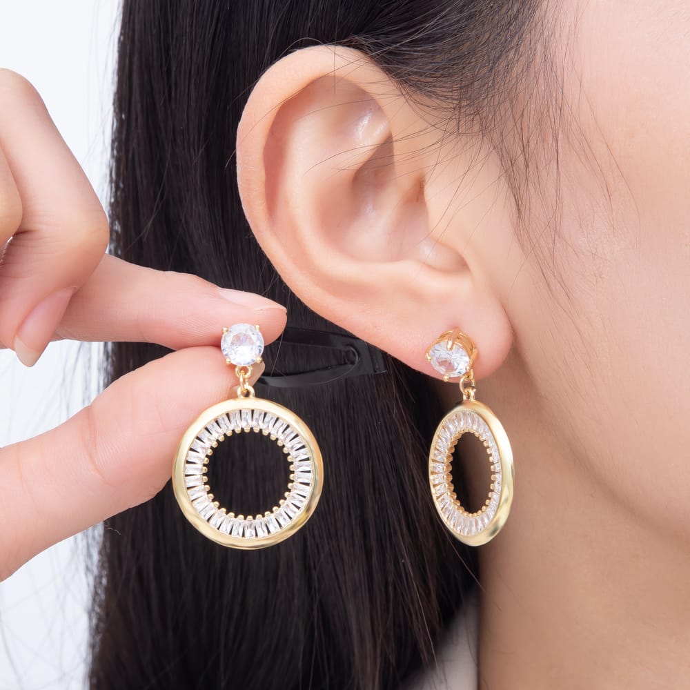 16K Gold Filled 35mm Round Solitaire & Baguette CZ Open Circle Drop Earrings| Earrings-00920 - Earrings-00921
