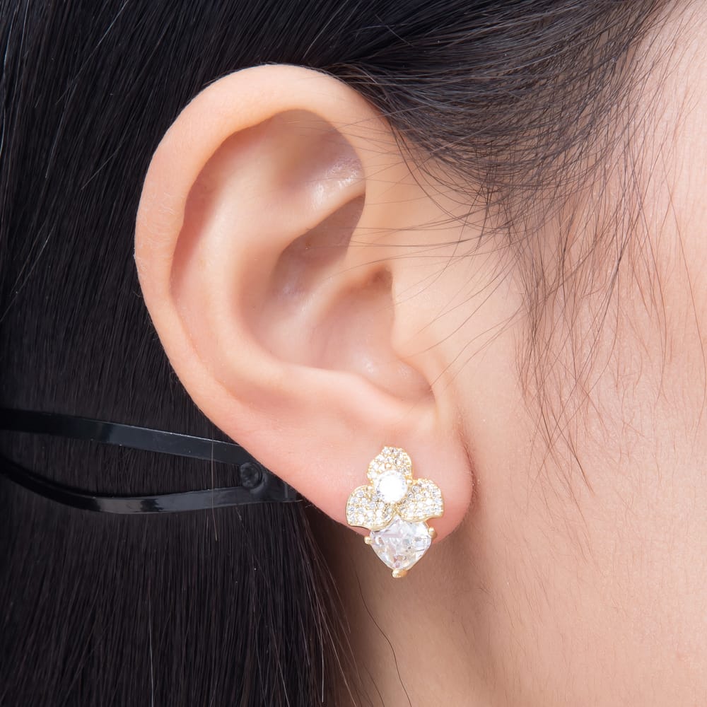 16K Gold Filled 17mm Clear Micro Paved CZ Flower Drop Stud Earrings in Gold & Silver | Earrings-01053 Earrings-01054