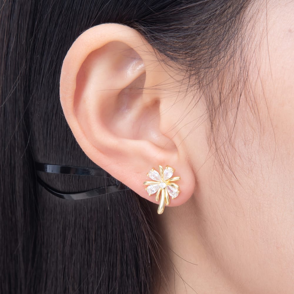 16K Gold Filled 16mm Teardrop CZ Ribbon Flower Stud Earrings | Earrings-01038 - Earrings-01039