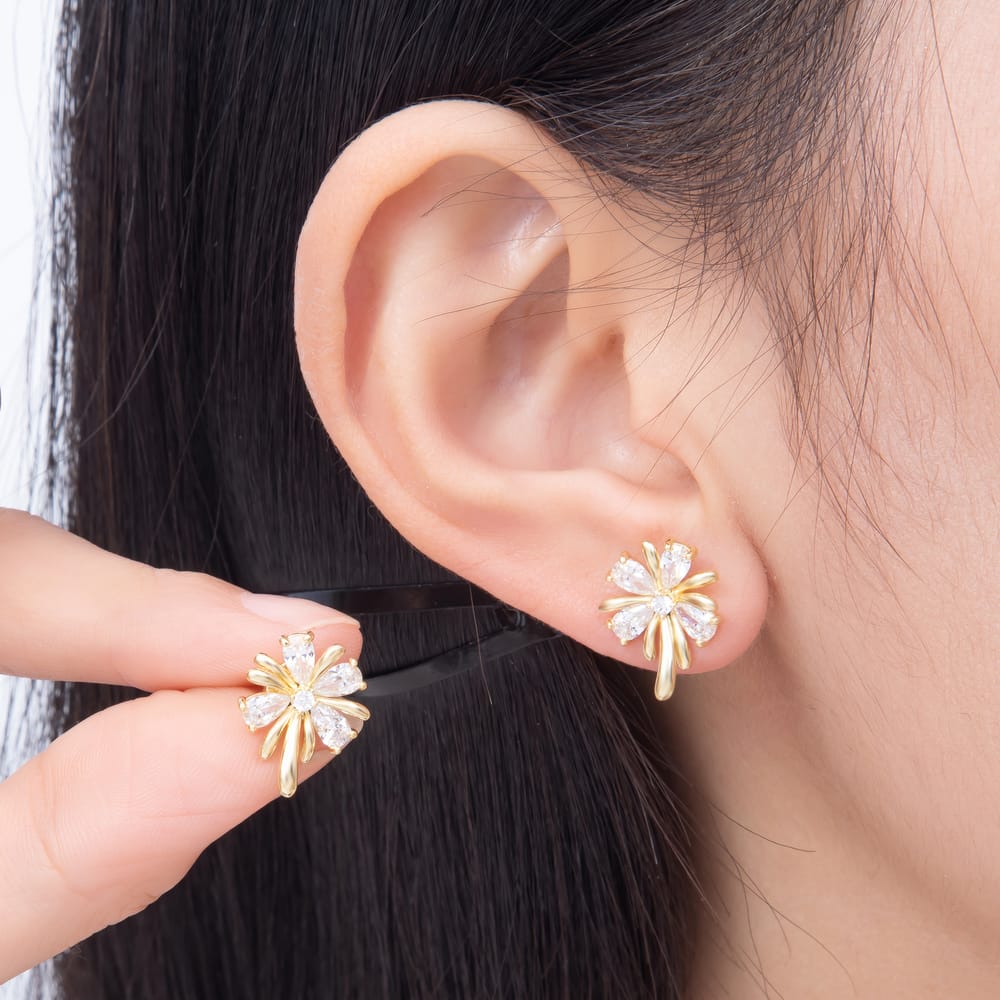 16K Gold Filled 16mm Teardrop CZ Ribbon Flower Stud Earrings | Earrings-01038 - Earrings-01039
