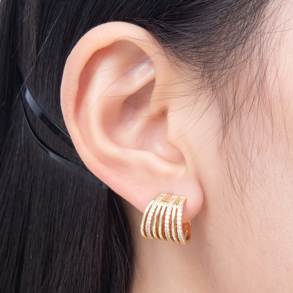 16K Gold Filled 20mm Micro Paved CZ Chunky Multi Row C Hoops Earrings | Earrings-00947 - Earrings-00948