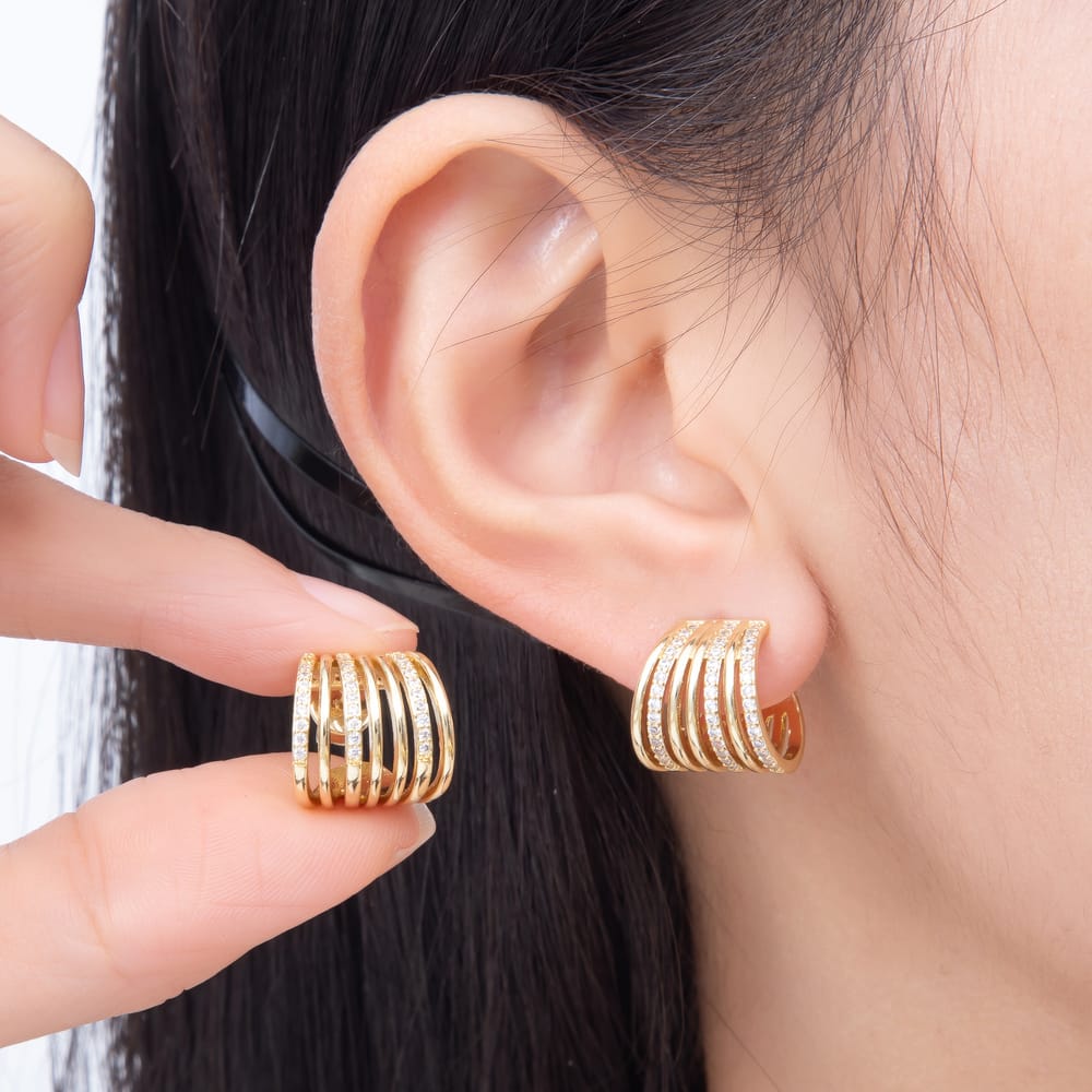 16K Gold Filled 20mm Micro Paved CZ Chunky Multi Row C Hoops Earrings | Earrings-00947 - Earrings-00948