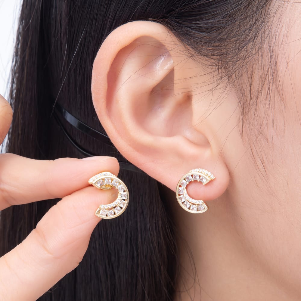 16K Gold Filled 16mm Double Row CZ C-Hoop Statement Earrings in Gold & Silver | Earrings-00945 - Earrings-00946