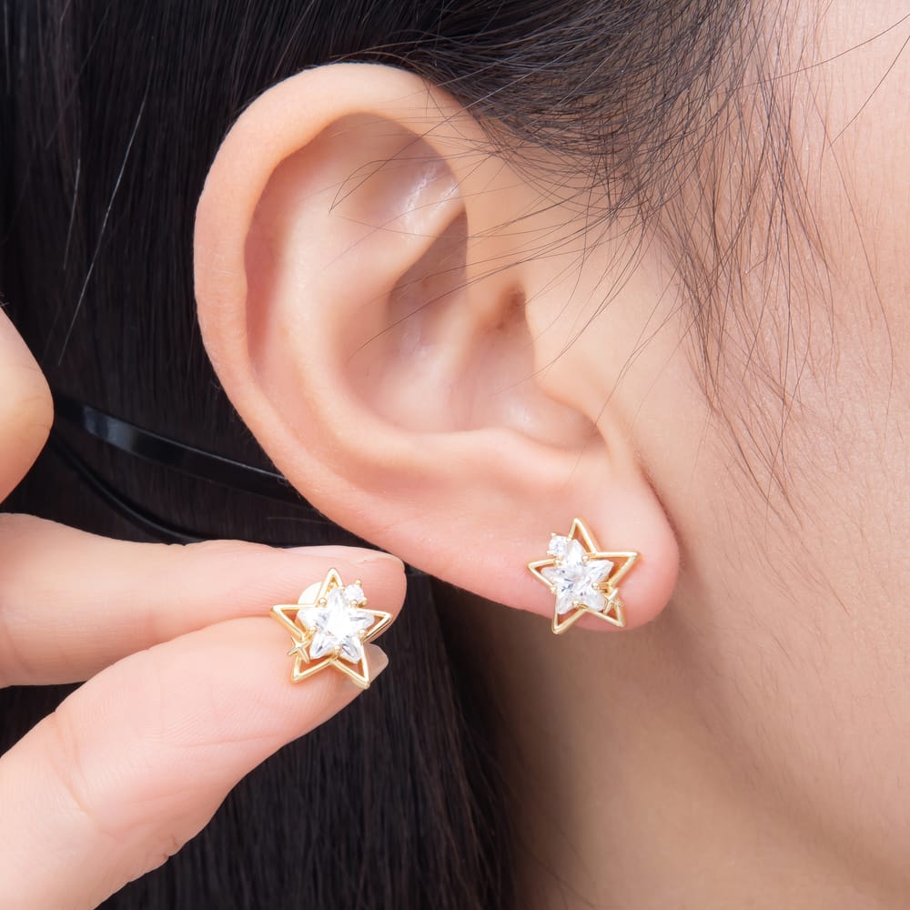 16K Gold Filled 11mm Layered Star Cut Clear CZ Celestial Stud Earrings | Earrings-01040 - Earrings-01041