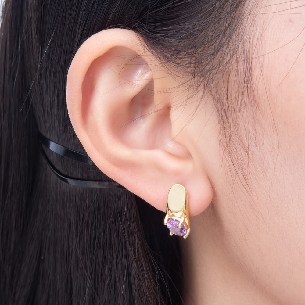 16K Gold Filled 17mm Clear, Purple, Red CZ Oval CZ Geometric J-Shaped Hoop Earrings | Earrings-01060 ~ Earrings-01062