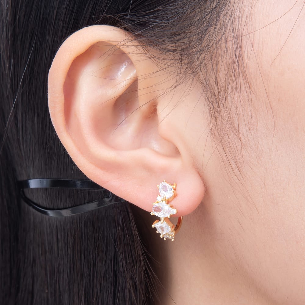 16K Gold Filled 21mm Mixed Cut Clear CZ C-Hoop Stud Earrings | Earrings-01044 - Earrings-01045