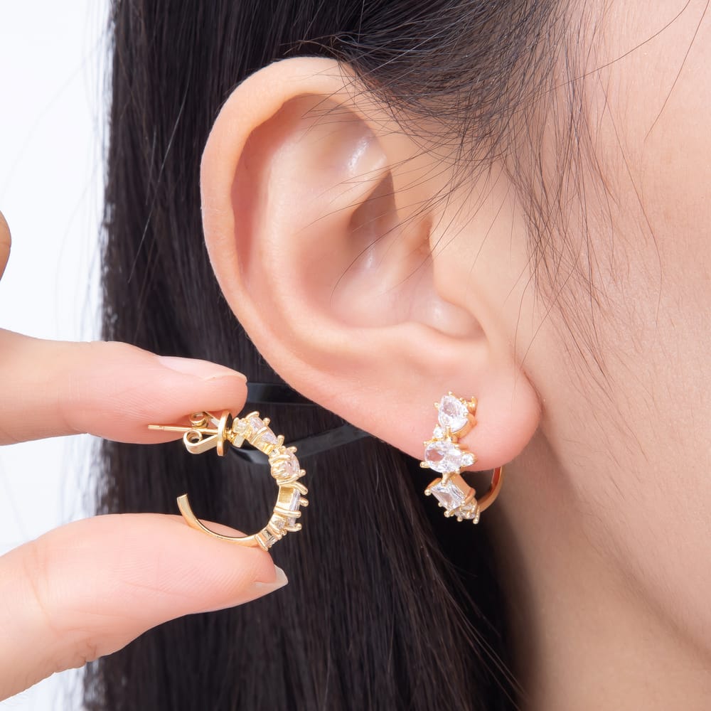 16K Gold Filled 21mm Mixed Cut Clear CZ C-Hoop Stud Earrings | Earrings-01044 - Earrings-01045