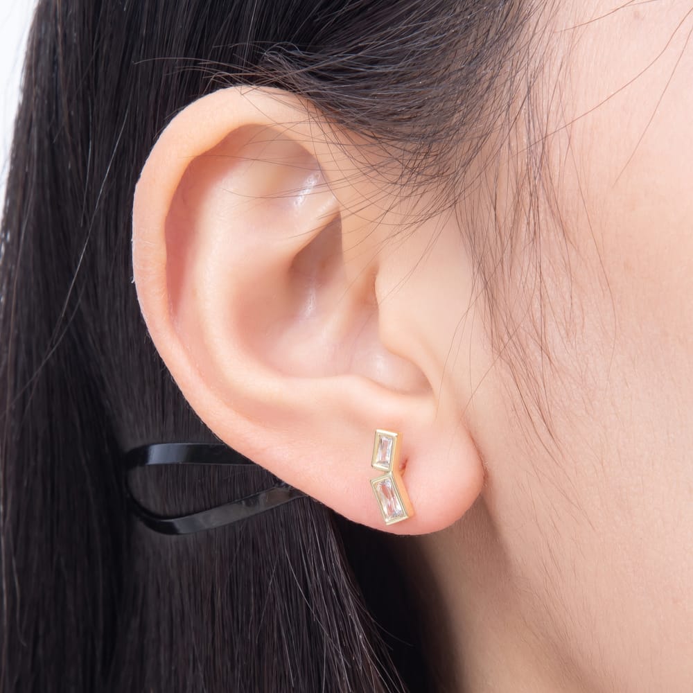 16K Gold Filled 13mm Dual Asymmetrical Baguette Cut Clear CZ Stud Earrings | Earrings-01036 - Earrings-01037