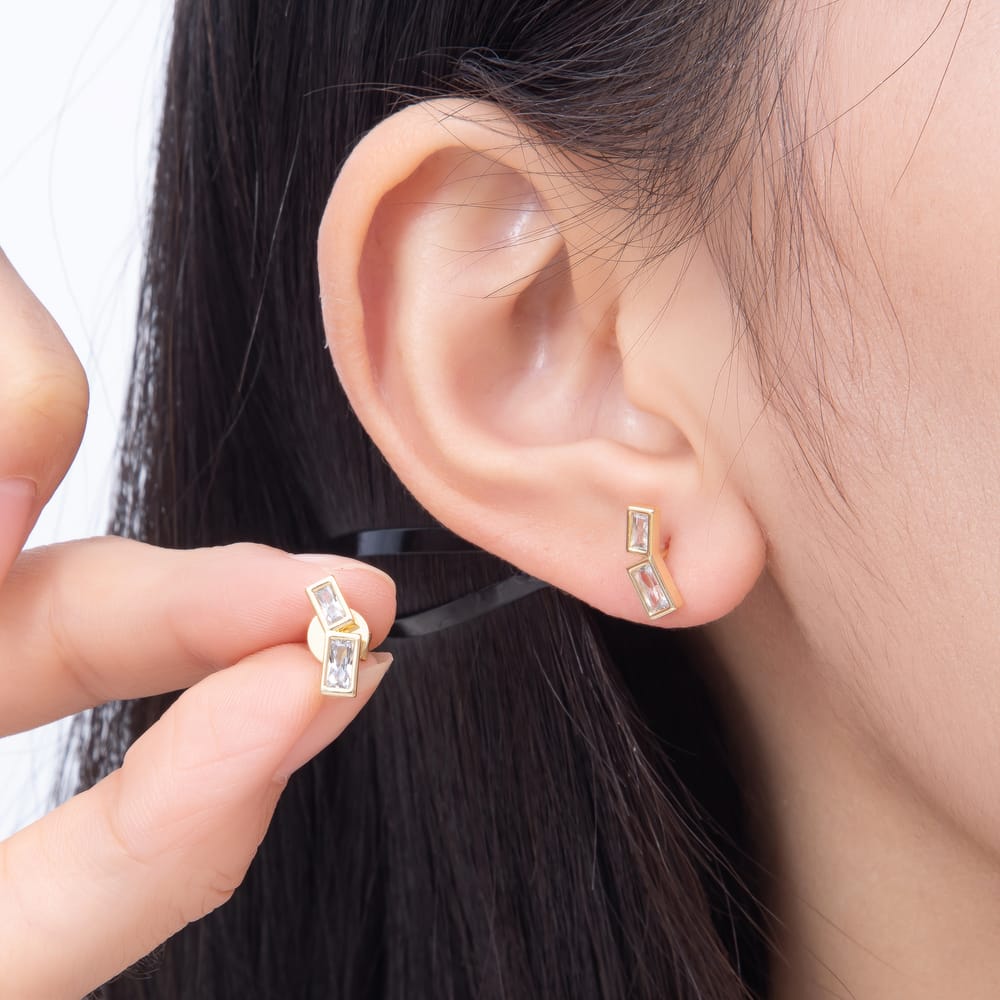 16K Gold Filled 13mm Dual Asymmetrical Baguette Cut Clear CZ Stud Earrings | Earrings-01036 - Earrings-01037