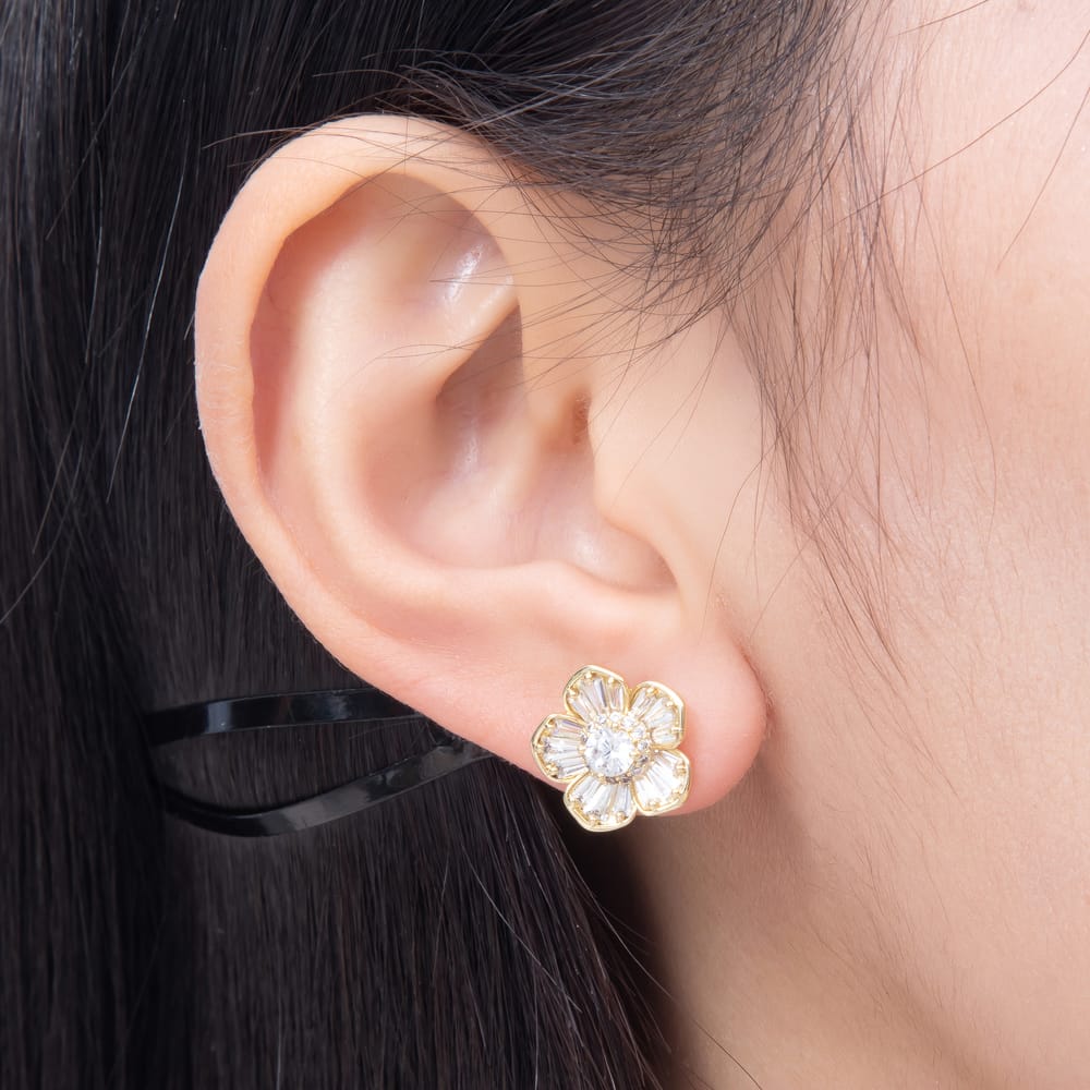 16K Gold Filled 13mm Baguette Micro Paved CZ Flower Stud in Gold & Silver | Earrings-01042 Earrings-01043