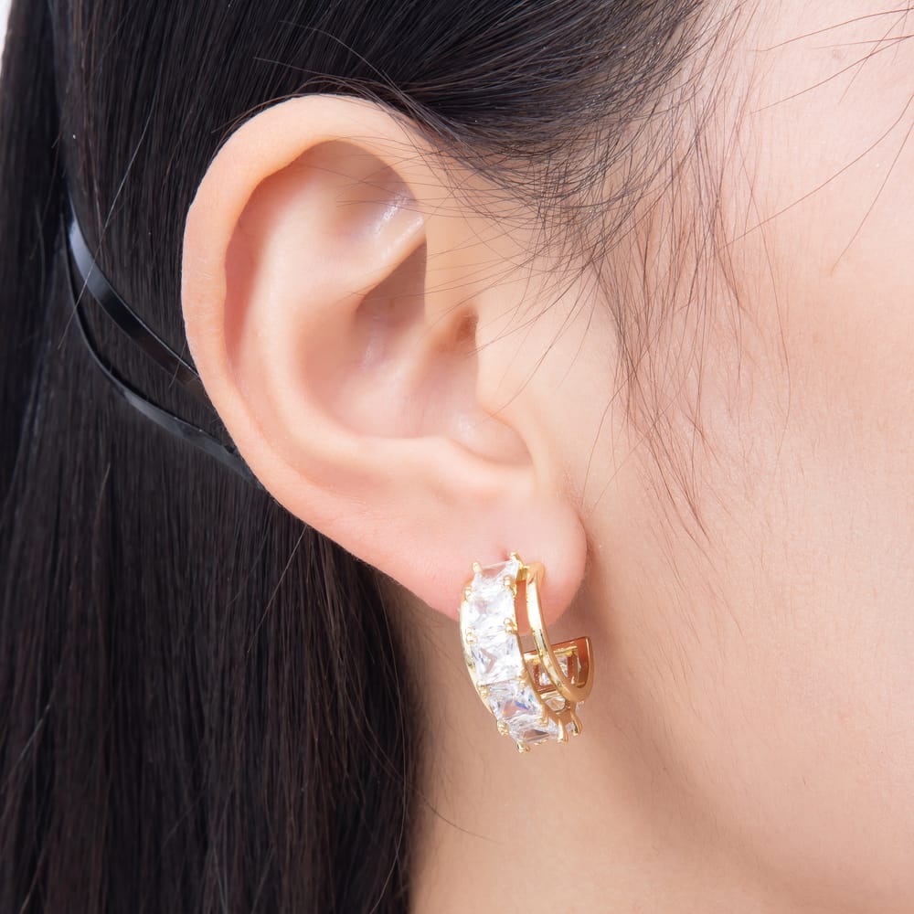 16K Gold Filled 28mm Radiant Cut Clear CZ C Hoop Earrings | Earrings-01057 - Earrings-01058