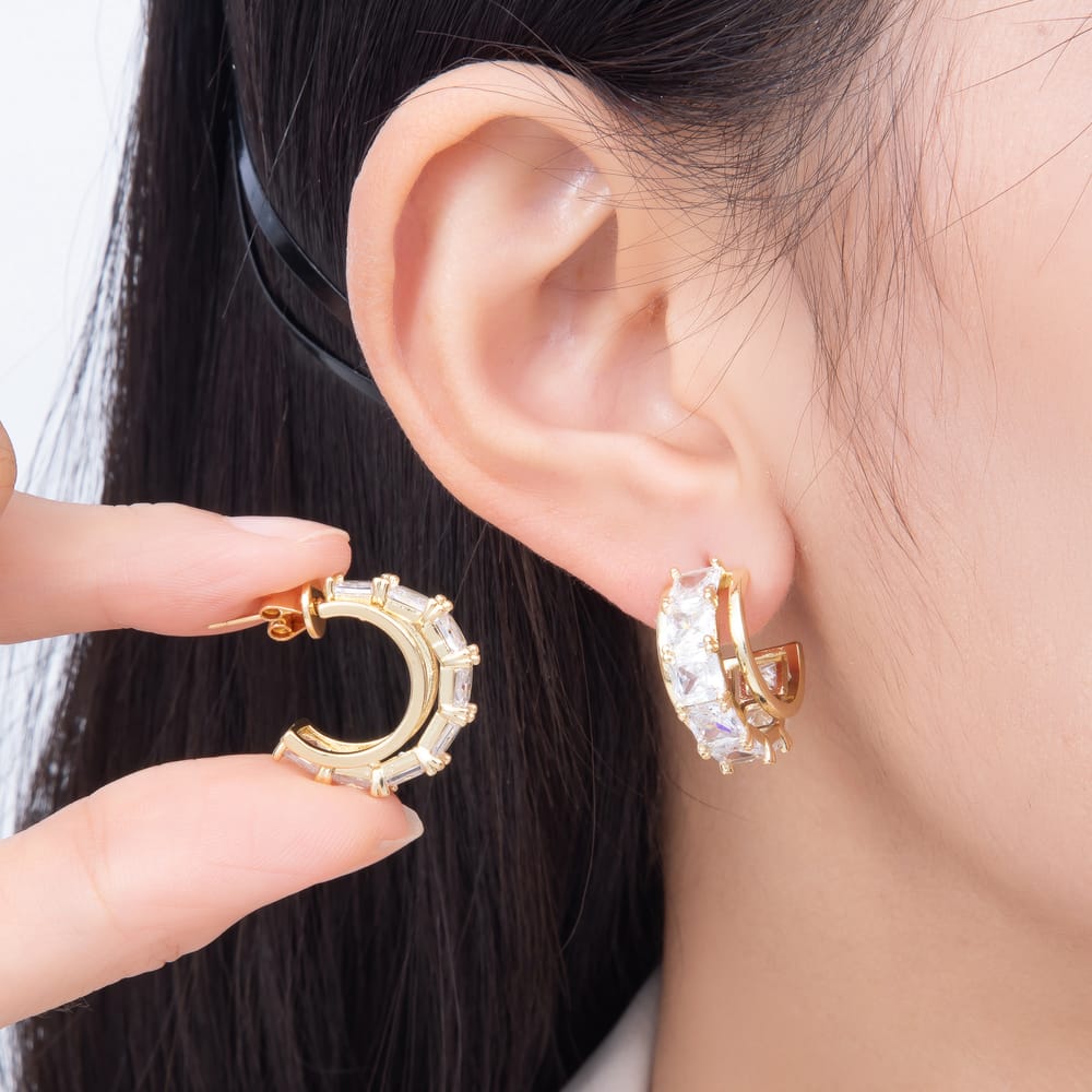 16K Gold Filled 28mm Radiant Cut Clear CZ C Hoop Earrings | Earrings-01057 - Earrings-01058