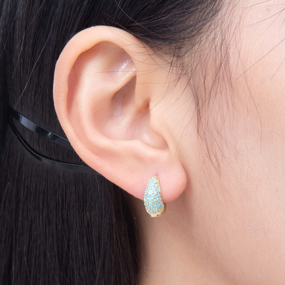 16K Gold Filled 13mm Turquoise Micro Paved Chubby Cartilage Huggie Earrings | Earrings-01097
