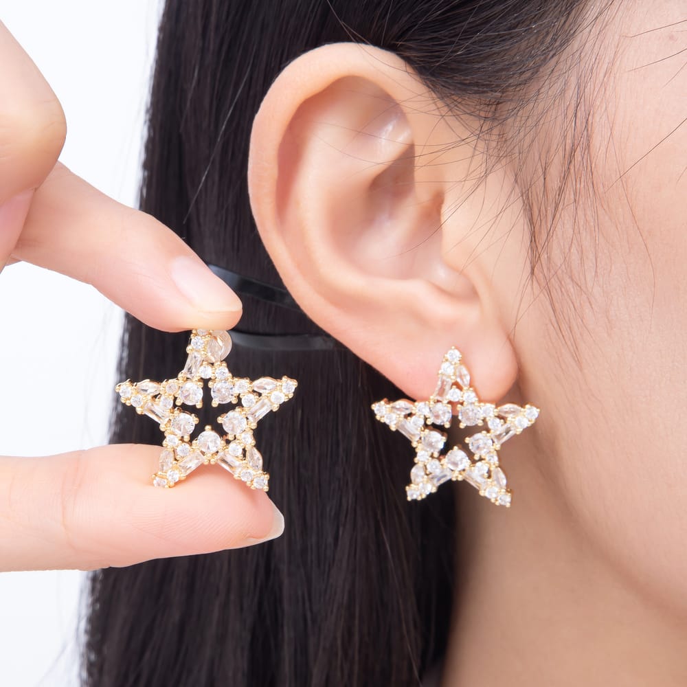 16K Gold Filled 27mm Mixed Cut Clear CZ Open Star Stud Earrings| Earrings-00922 - Earrings-00923