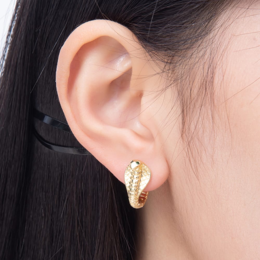 16K Gold Filled 19mm Green CZ Eyes Textured Snake Huggie Hoop Earrings| Earrings-00955 - Earrings-00956