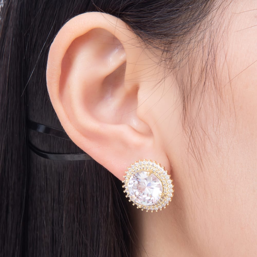 16K Gold Filled 19mm Round Solitaire Double Micro Paved CZ Stud Earrings | Earrings-00961 - Earrings-00962
