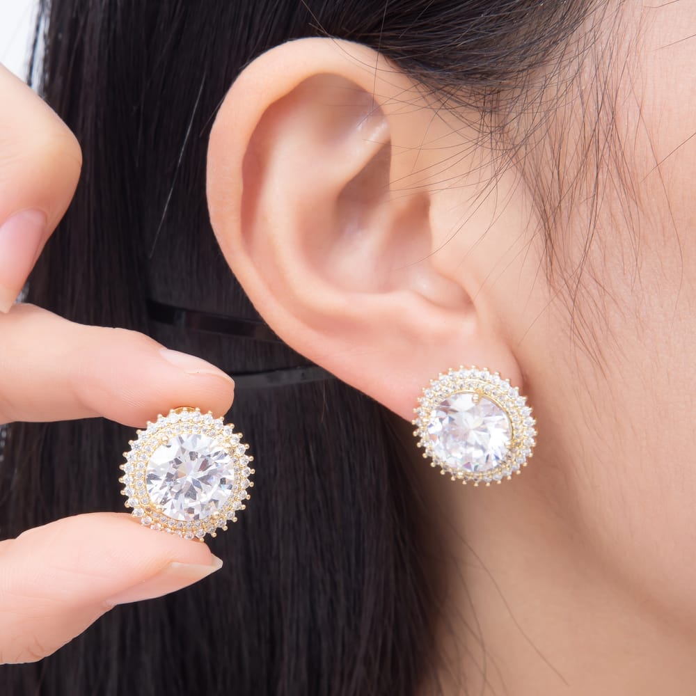 16K Gold Filled 19mm Round Solitaire Double Micro Paved CZ Stud Earrings | Earrings-00961 - Earrings-00962