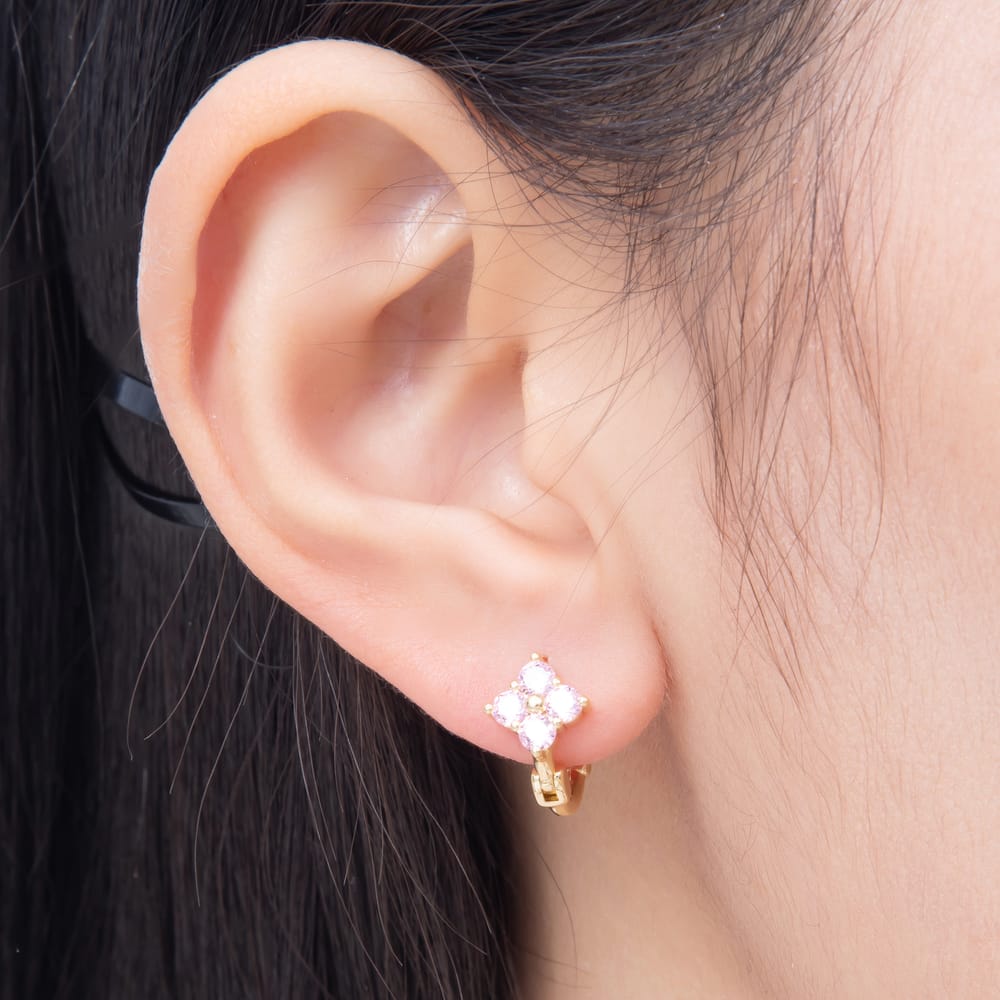 16K Gold Filled 12mm Clear, Pink CZ Clover Flower Huggie Earrings in Gold & Silver | Earrings-01072 ~ Earrings-01075