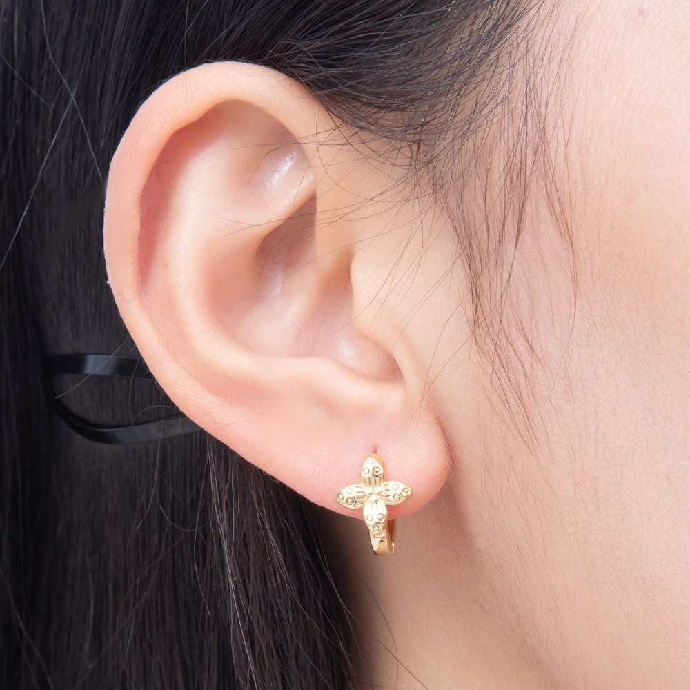 16K Gold Filled 14mm Engraved Four-Petal Flower Huggie Hoop Earrings | Earrings-00959 - Earrings-00960