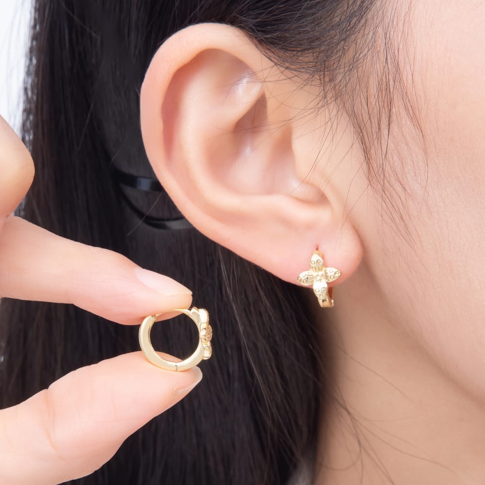 16K Gold Filled 14mm Engraved Four-Petal Flower Huggie Hoop Earrings | Earrings-00959 - Earrings-00960