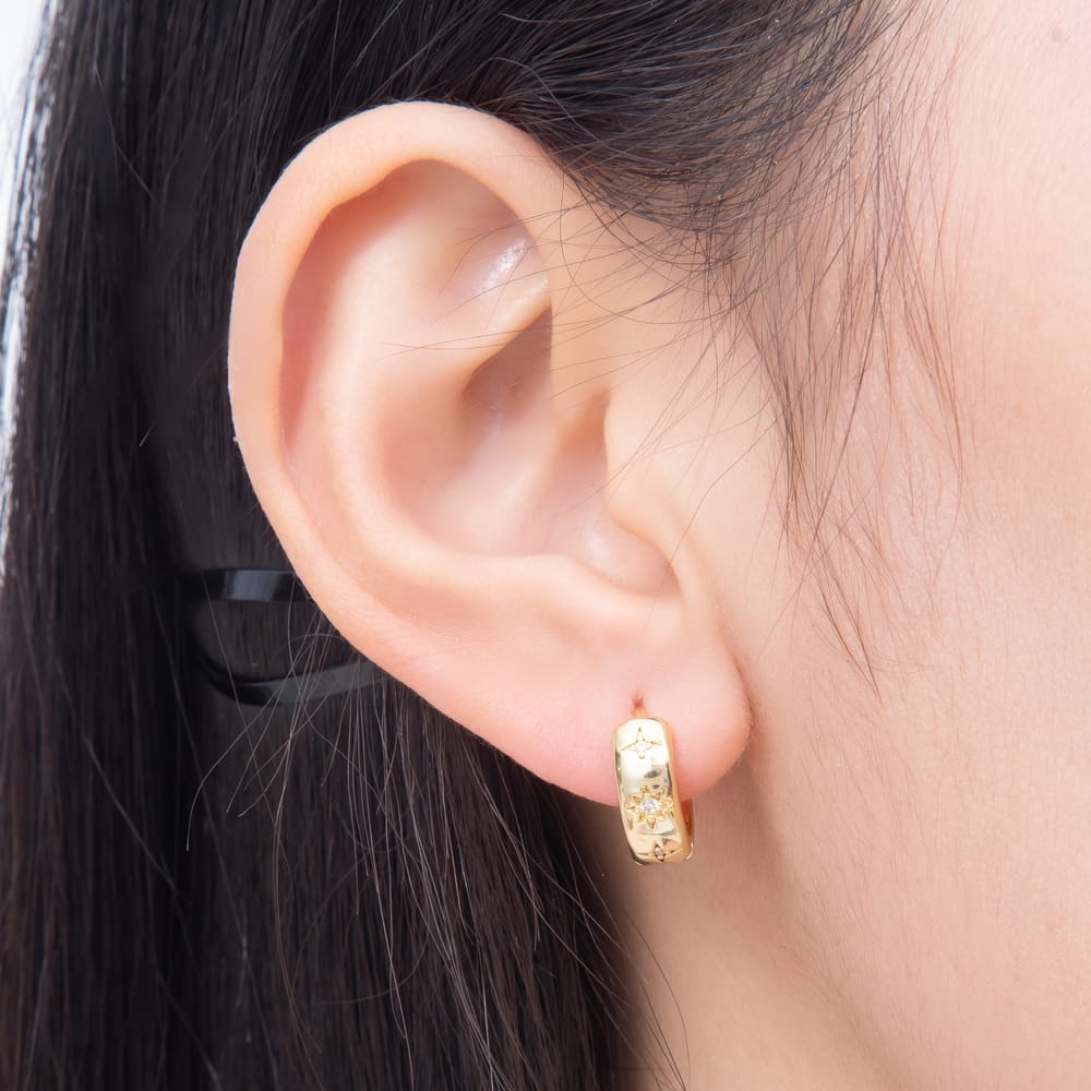 16K Gold Filled 12mm Clear CZ Celestial North Star Cartilage Huggie Earrings in Gold & Silver | Earrings-01078 Earrings-01079