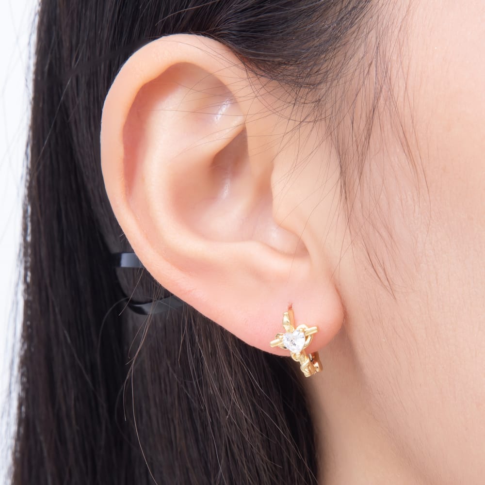 16K Gold Filled 14mm Clear CZ Sacred Heart Cross Religious Cartilage Huggie in Gold & Silver | Earrings-01080 Earrings-01081