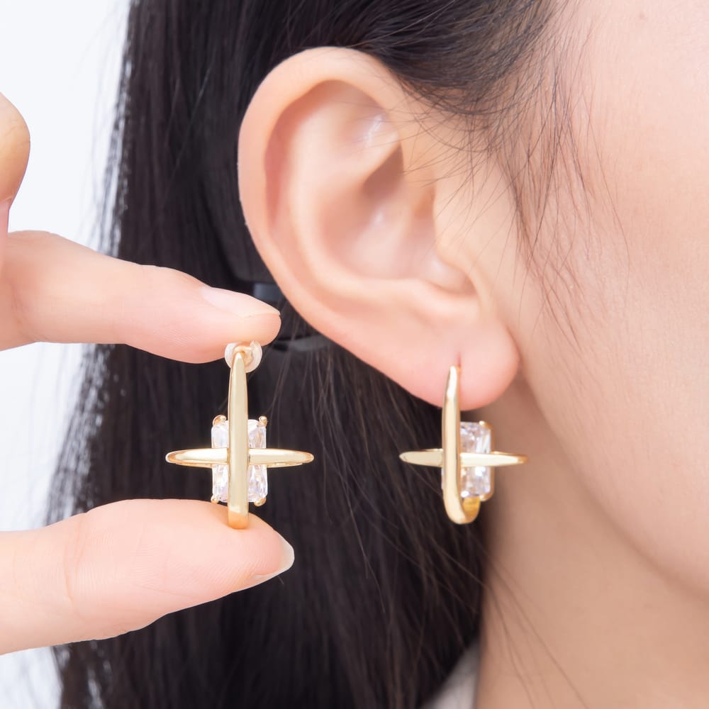 16K Gold Filled 26mm Clear Baguette CZ North Star Stud Earrings | Earrings-00918 -Earrings-00919