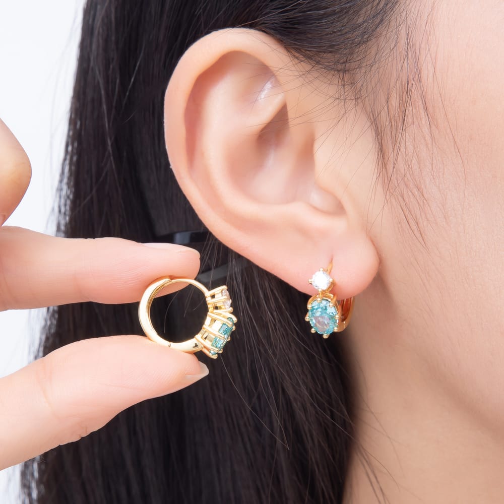 16K Gold Filled 16mm Colorful CZ Solitaire Oval Huggie Hoop Earrings | Earrings-01030 - Earrings-01035