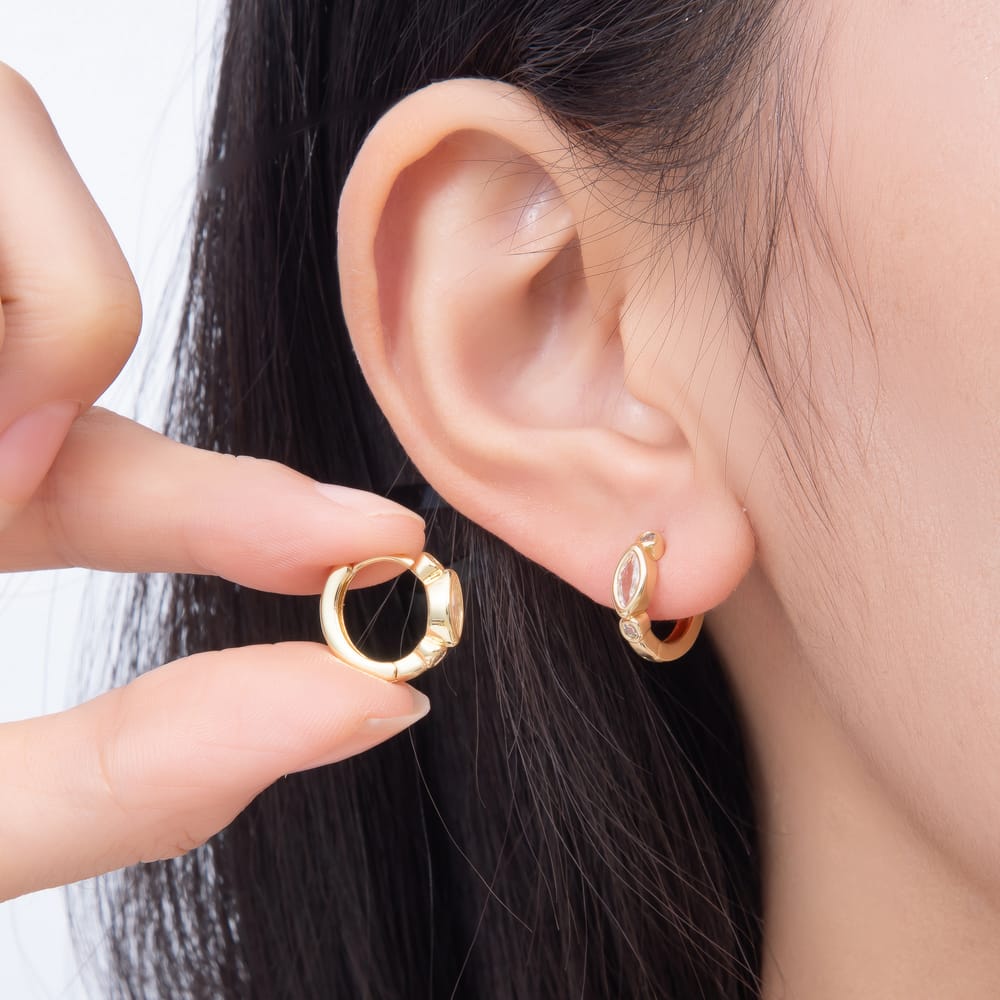 Dainty 16K Gold Filled 13mm Marquise CZ Huggie Hoop Earrings Gold & Silver | Earrings-01082