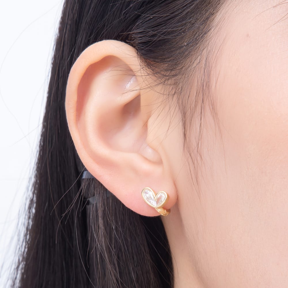 16K Gold Filled 11mm Bezel Set Clear CZ Heart Huggie Earrings | Earrings-00963