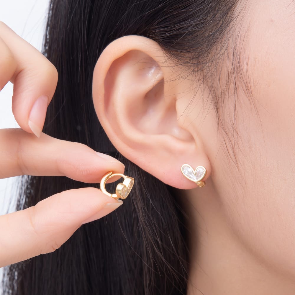 16K Gold Filled 11mm Bezel Set Clear CZ Heart Huggie Earrings | Earrings-00963