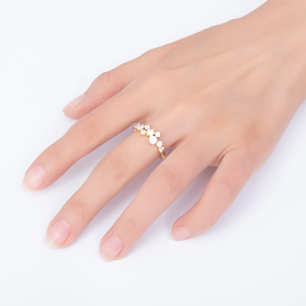 16K Gold Filled Clear CZ Round Cluster Asymmetric Solitaire Ring | Rings-004123