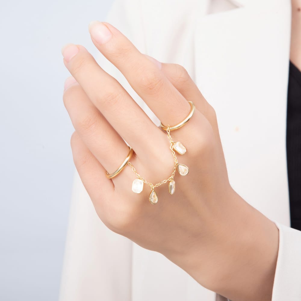 16K Gold Filled Clear CZ Oval Teardrop Baguette Bezel Chain Double Finger Ring | Rings-00424