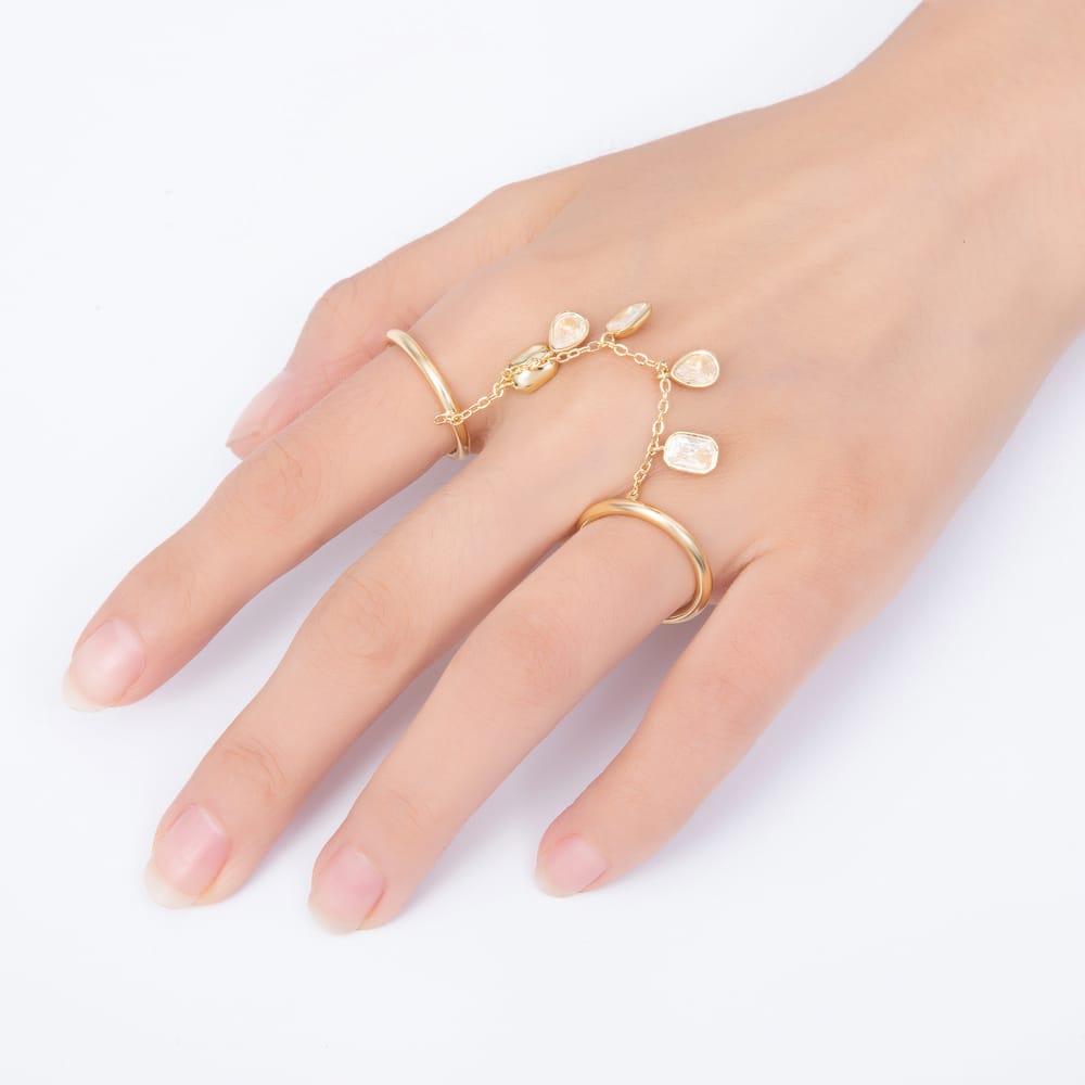 16K Gold Filled Clear CZ Oval Teardrop Baguette Bezel Chain Double Finger Ring | Rings-00424