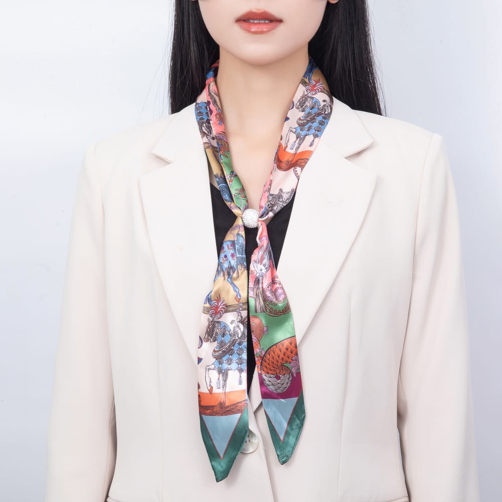 Clear Micro Paved CZ Slider Beads Printed Satin Scarf Bandana Scarf Necklace | WA-00493