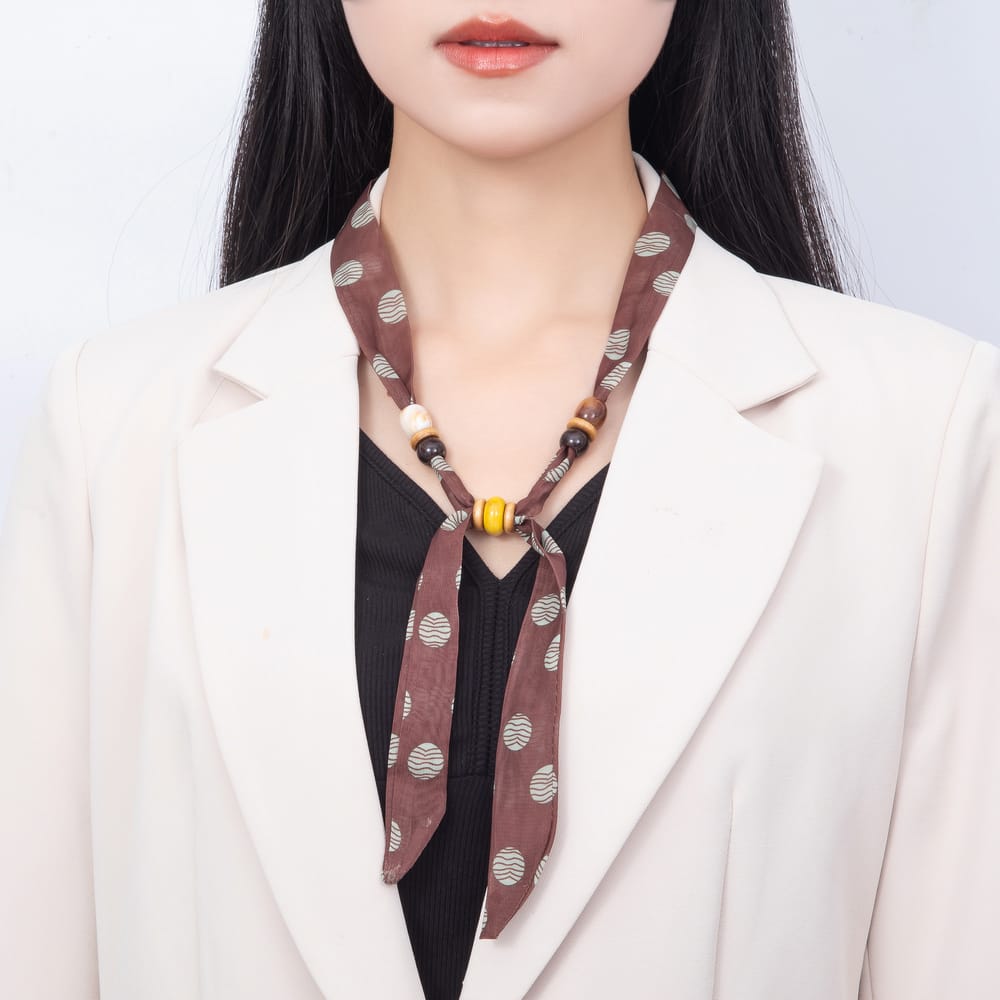 Multi Color Wooden Slider Beads Polka Dot & Leopard Chiffon Ribbon Scarf Bandana Scarf Necklace | WA-00508
