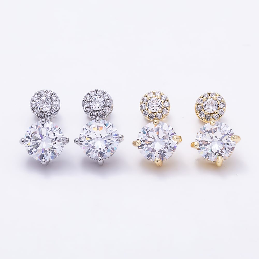 16K Gold Filled 18mm Clear Round Micro Paved CZ Double Drop Stud Earrings in Gold & Silver | Earrings-01064 Earrings-01065