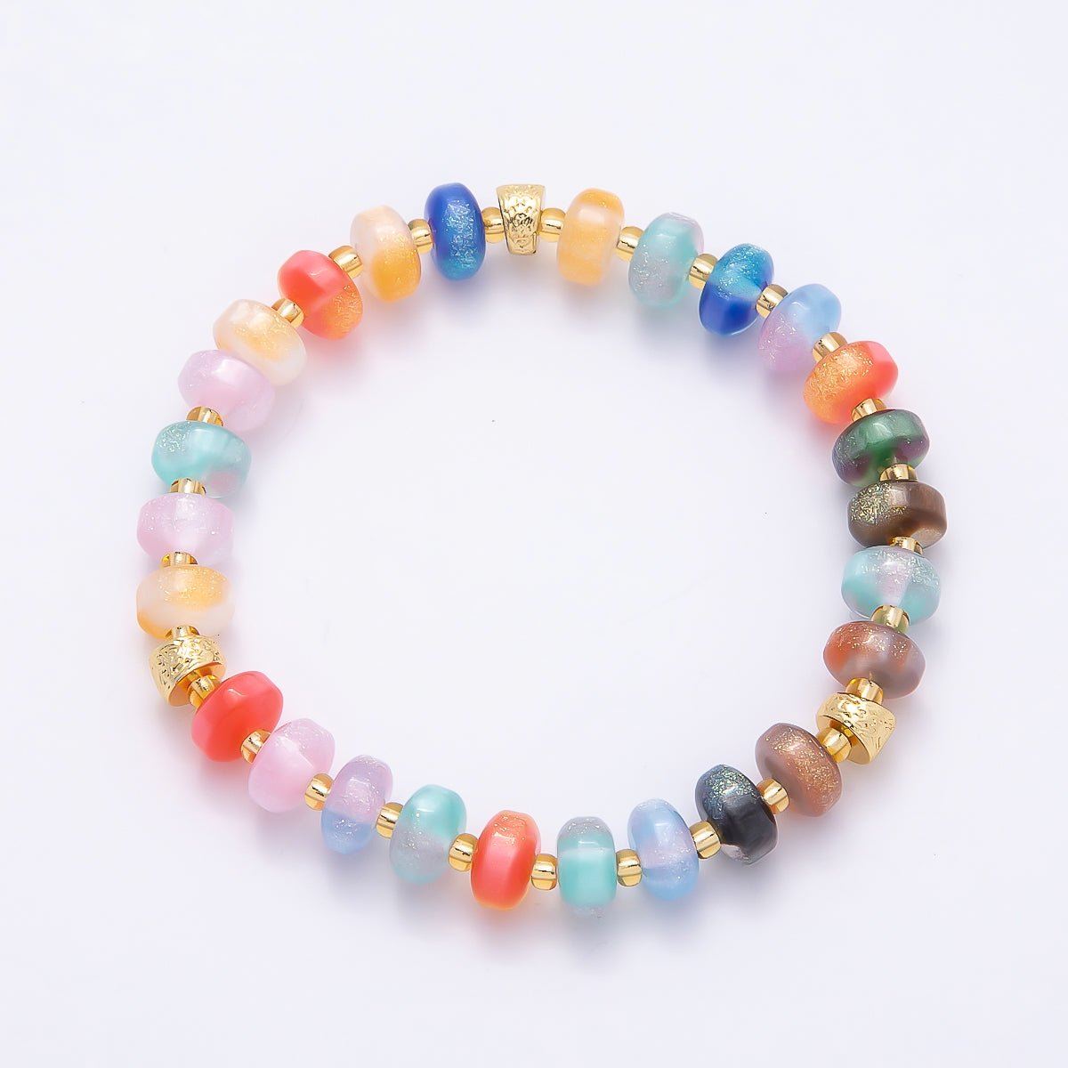 8mm Multicolor, Blue, Yellow, Pink, Orange, Green Glitter Rondelle Bead Resin 7 Inch Stretch Bracelet | WA-04559 ~ WA-04564 - DLUXCA